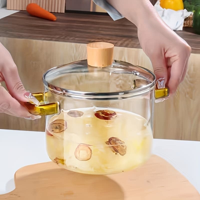 TEMU 50.72oz Borosilicate Glass Cooker With Lid - Handles, Microwave Safe, Heat Resistant, Suitable For Soups, Milk, And
