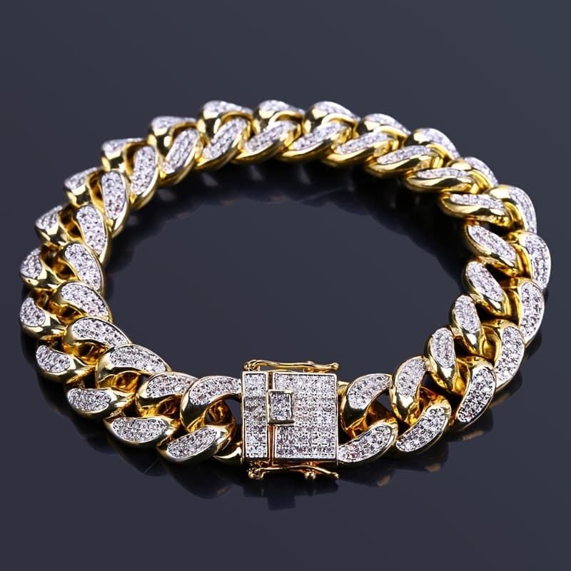 TEMU Men's Micro- Synthetic Miami Cuban Chain - 14k Gold Plated Heavy Link Bracelet, Sparkling For Casual Attire & Special Occasions, Ideal Gift Suitable For , Relatives