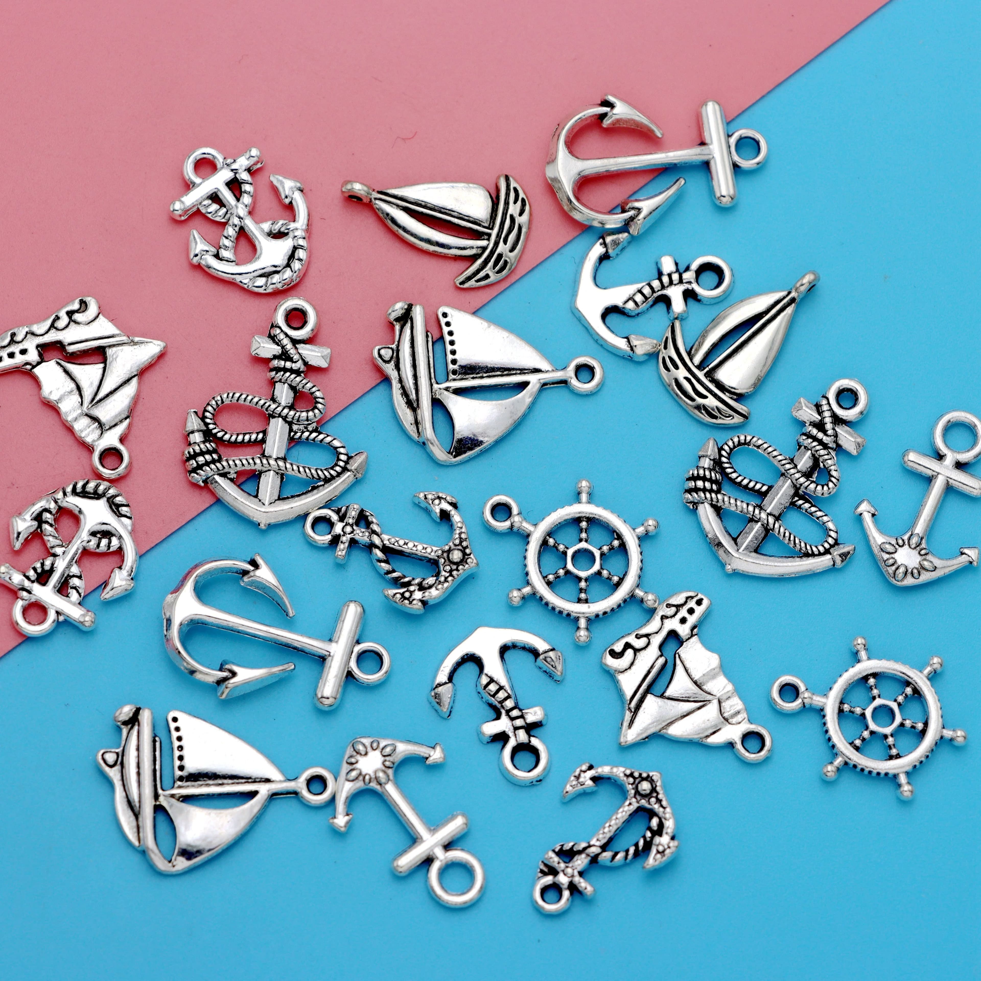 TEMU 20pcs Mix Antique Silvery Plated Anchor Rudder Boat Charms Navigation Pendants Diy Bracelet Supplies Jewelry Making Accessories