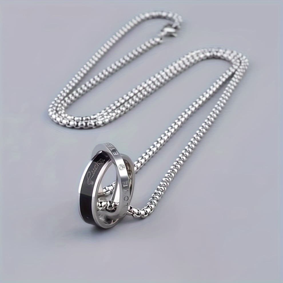 TEMU Titanium Stainless Steel Double Ring Interlocking Necklace, Versatile Unisex Hip-hop Minimalist Niche Design Ring Pendant