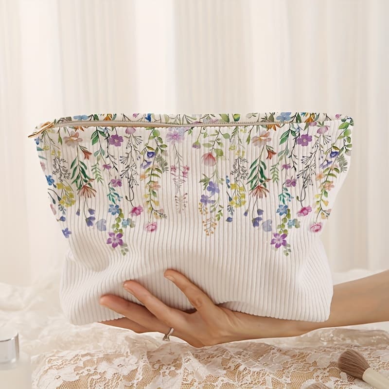 TEMU Hand-painted Floral Print Corduroy Zipper Storage Bag, Lightweight Cosmetic Bag Makeup Bag, Multi-functional Wash Bag With Lining