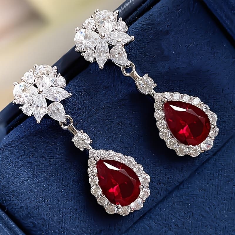 TEMU Exquisite Flower Vintage Red Synthetic Gemstone Dangle Earrings For Women Engagement Party Elegant Valentine's Day Gift