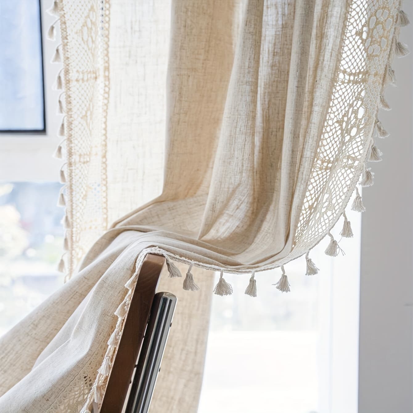 TEMU 1pc Style Bohemian Linen Geometric Curtain, Hollowed Out Curtain Suitable For Living Room Bedroom Bay Window Dining Room Kitchen Bar Tassel Curtain