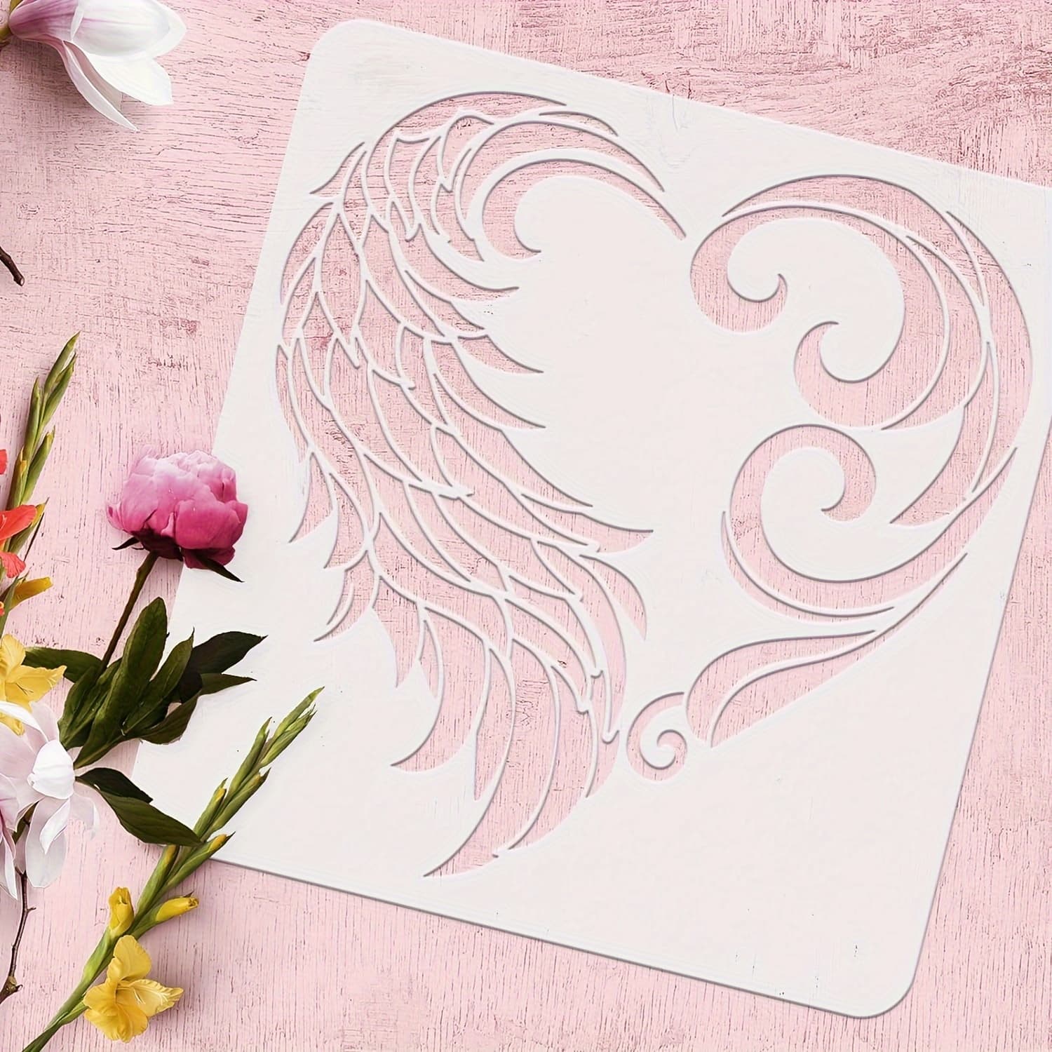 TEMU 1pc Heart Wings Stencil 11.8x11.8 Inch Square Painting Stencil Bird Feather Drawing Template Heart Pattern Stencil Waves Stencil For Home Wall Floor Tiles Furniture Painting