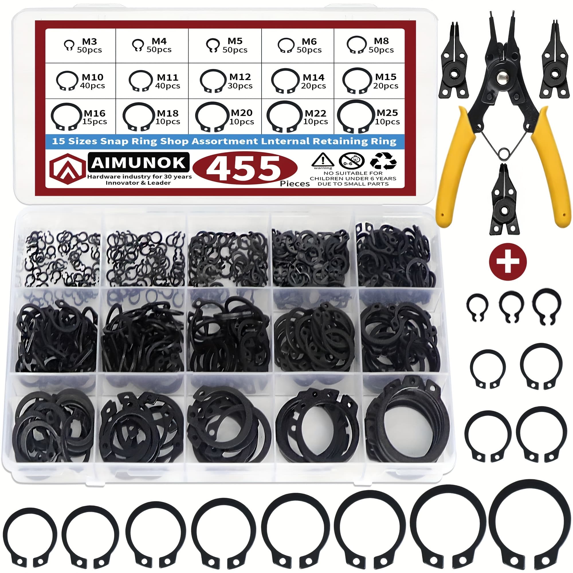 TEMU 456pcs 4in 1 Snap Ring Pliers With 15 Sizes 3mm To 25mm Alloy Steel External Retaining Rings Internal Circlip Snap Retaining Clip Ring Assortment Kit For Pin Clips Internal External Repair