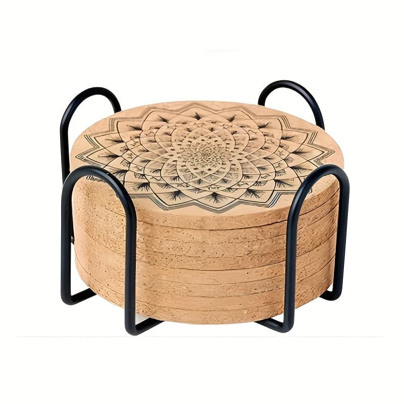 TEMU Cork Coasters With Stainless Steel Storage Shelves - Beverage Absorbent Cork Coasters, Dining Mats, Housewarming Gifts For , Living Room Decoration, Apartment Decoration(8pcs)