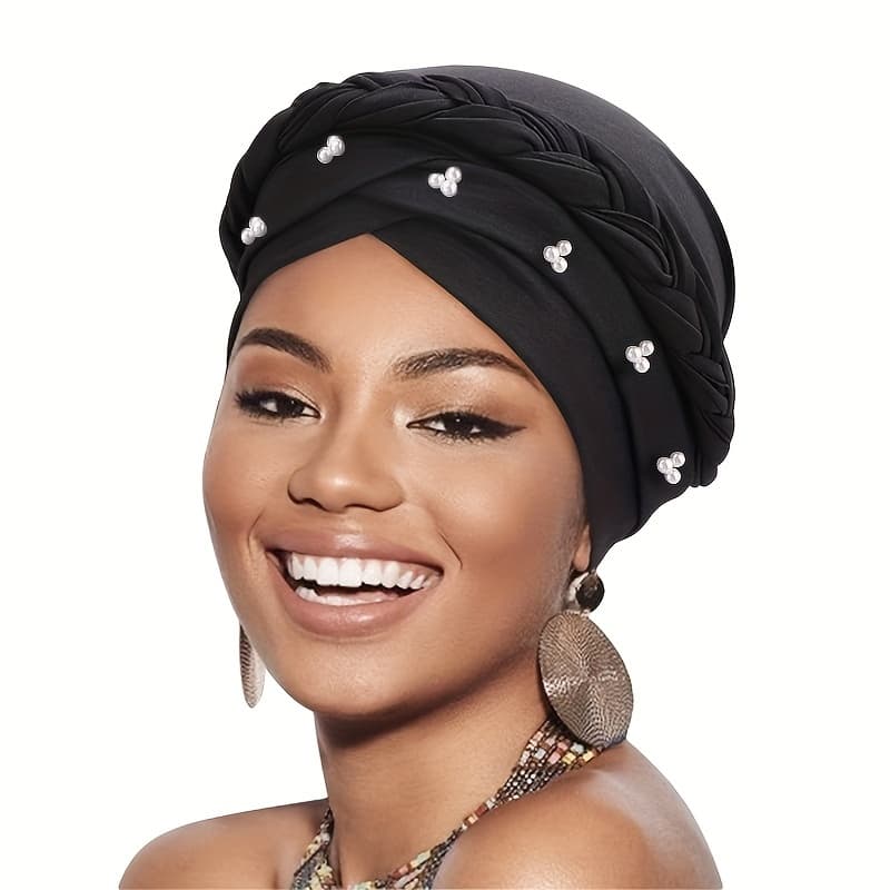 TEMU Handmade Pearl And Diamond Braided Headscarf Hat, African-style Head Wrap, Hair Care