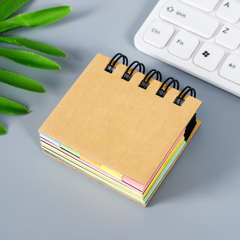TEMU Colorful Spiral Sticky Notes - 250 Sheets In 5 Vibrant Colors, Self-adhesive Notebook With Brown Cover, 3.3" X 3" Page Size, Compact & Portable For Office, Home, Or School Use