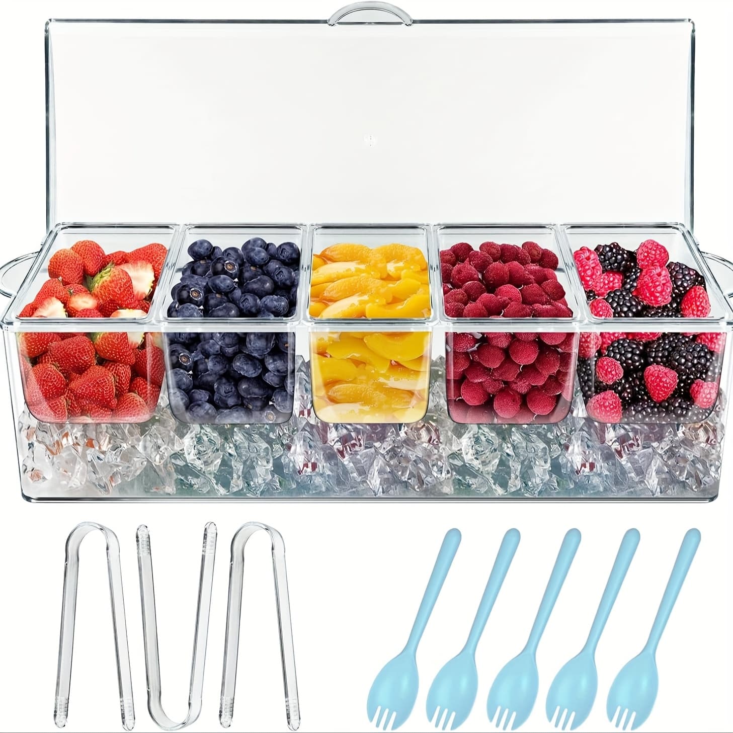 TEMU Chilled Condiment Server Tray, Bar Fruit Caddy With Lid And 5 Removable Compartments, Clear Ice Condiment Serving Tray For Party, Toppings Bar Container, Garnish