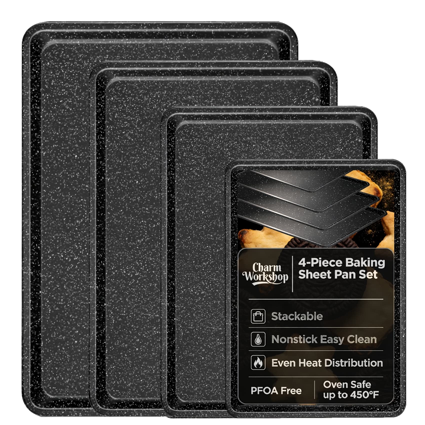 TEMU 4pcs Baking Sheet Pan Set, For Oven, Nonstick Carbon Steel Baking Set, Heavy Duty & Black Spotted & Easy Clean, 0.8mm Thick Heavy Duty Cookie Tray Oven Pan