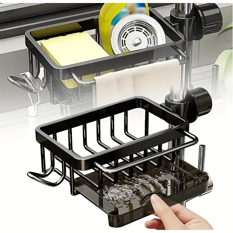 TEMU 1pc Modern Multi-functional Kitchen Sink Caddy With Drip Tray - Space-saving Faucet Storage Organizer For Dishwashing Supplies, Rags, And Sink Tools