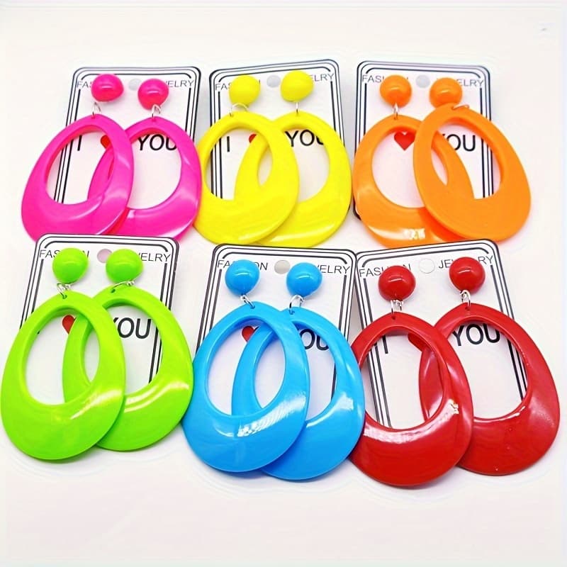 TEMU 6pcs Of Thick Acrylic Fluorescent Teardrop Hoop Earrings, Multi-colored, Simple And Stylish Ear Accessories.