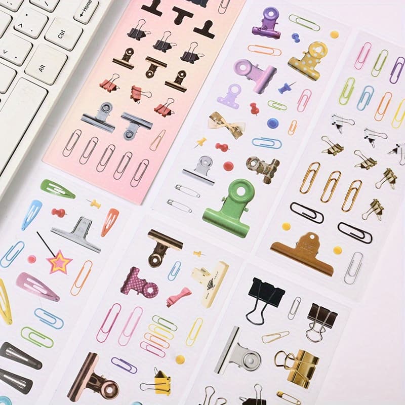 TEMU 6 Sheets/pack Colorful Clip Binder Paperclip Pattern Pet Sticker Pack Transparent Waterproof Graffiti Style Stickers Diary Diy Decoration Stickers