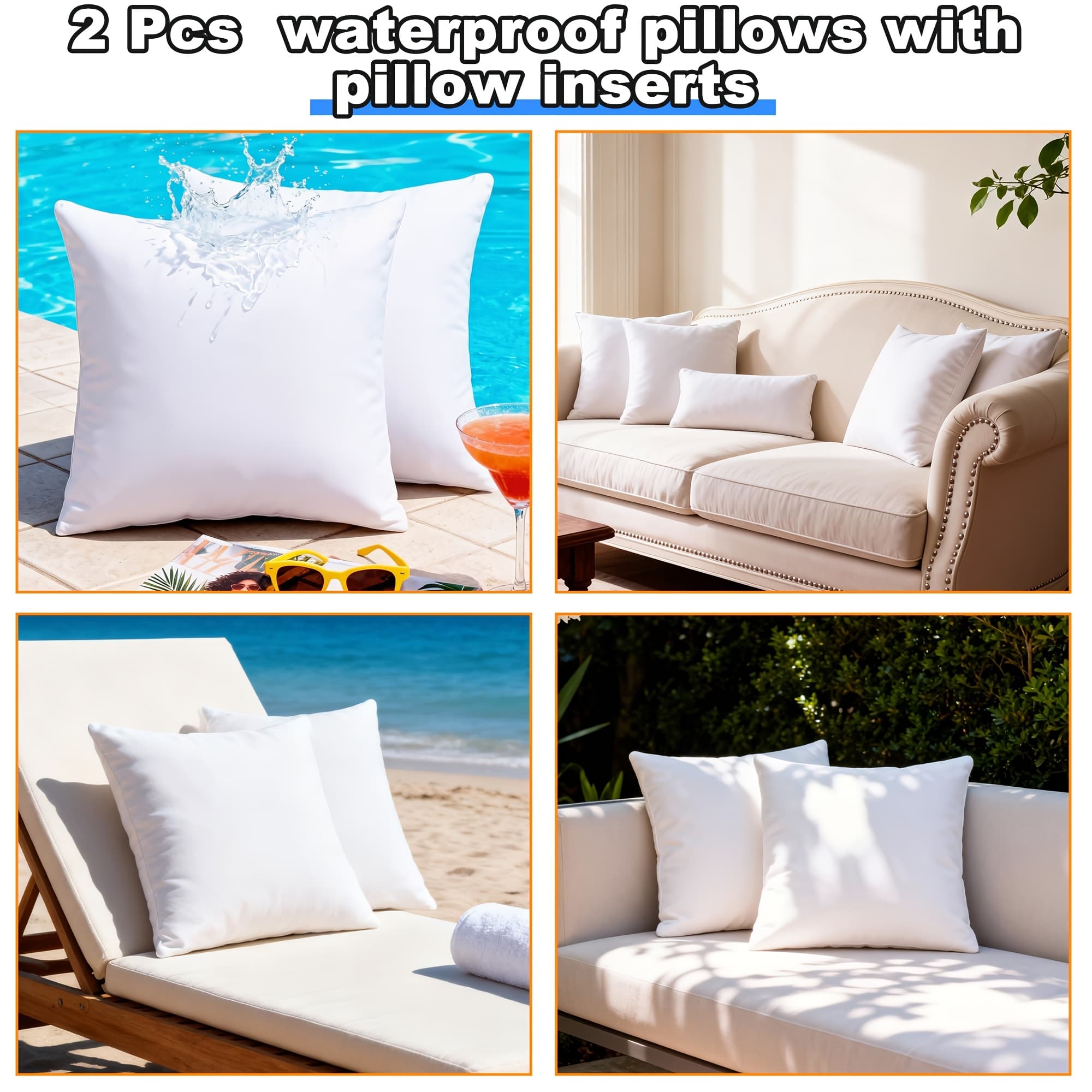 TEMU Waterproof Outdoor Pillow Inserts, Pack Of 2, Soft And Fluffy Water-resistant Down Alternative Square Sham Stuffers For Cushions On Porch Swings, Sofas, And Patio Furniture