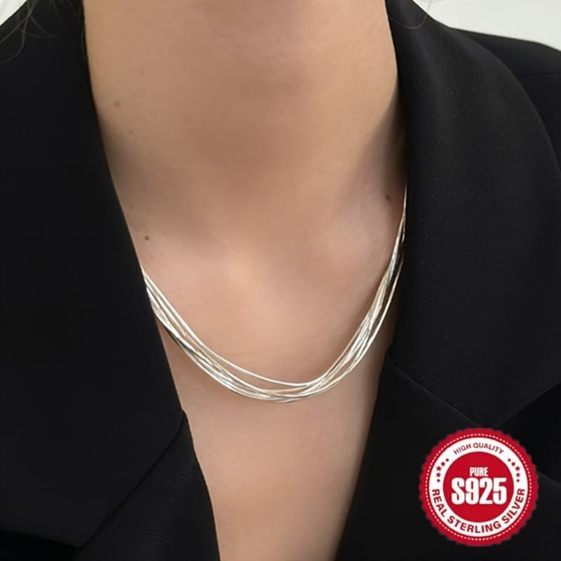 TEMU 925 Silver Layered Pendant Necklace, Featuring A Low-allergy Multi-strand Chain, Suitable For Daily Wear And Parties, Carnival Accessories