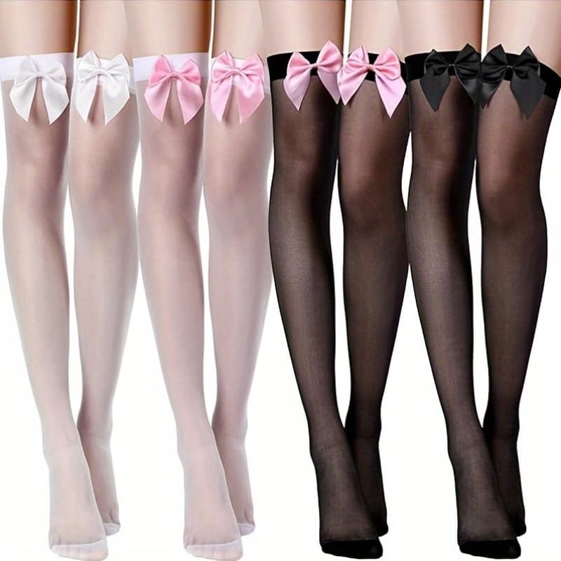 TEMU 4 Pairs Of Women's Bow Lace Thigh High Socks Knee High Socks For Everyday Costumes, Role Play Parties (black, White)