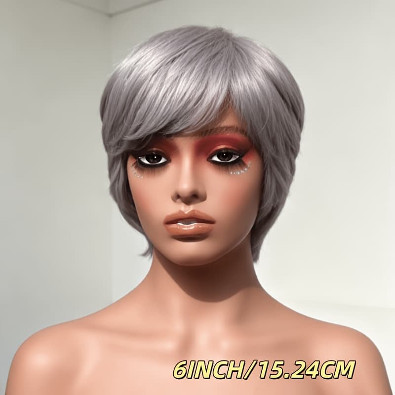 TEMU Natural Gray Human Hair Wig Featuring A Straight Cut With Bangs, 6 Inches In Length And 150% Density. It Comes With A Comfortable And Breathable