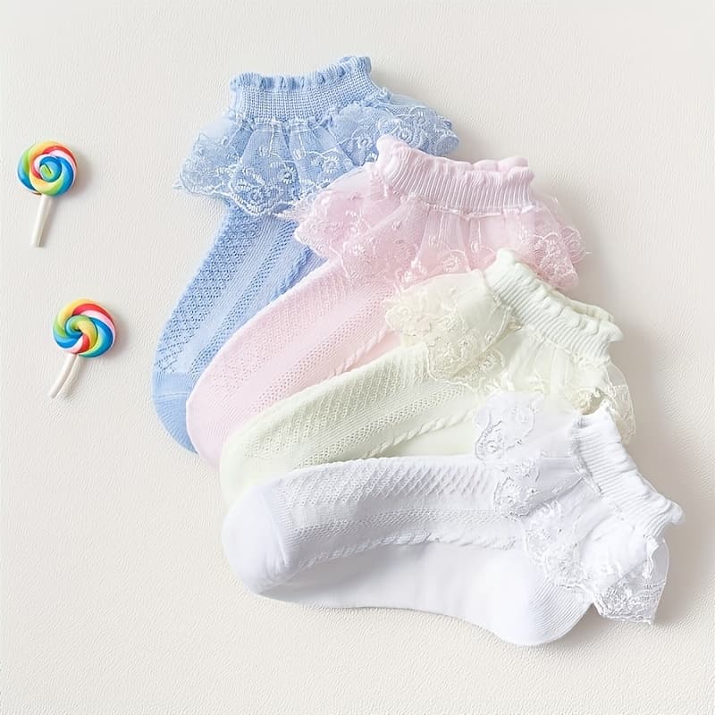 TEMU 4 Pairs Of Elegant Lace-trimmed Socks For Girls - White, Floral Pattern, Polyester Blend, Ballet & Casual Wear, , Ballet Socks|floral Lace Socks|knit Texture