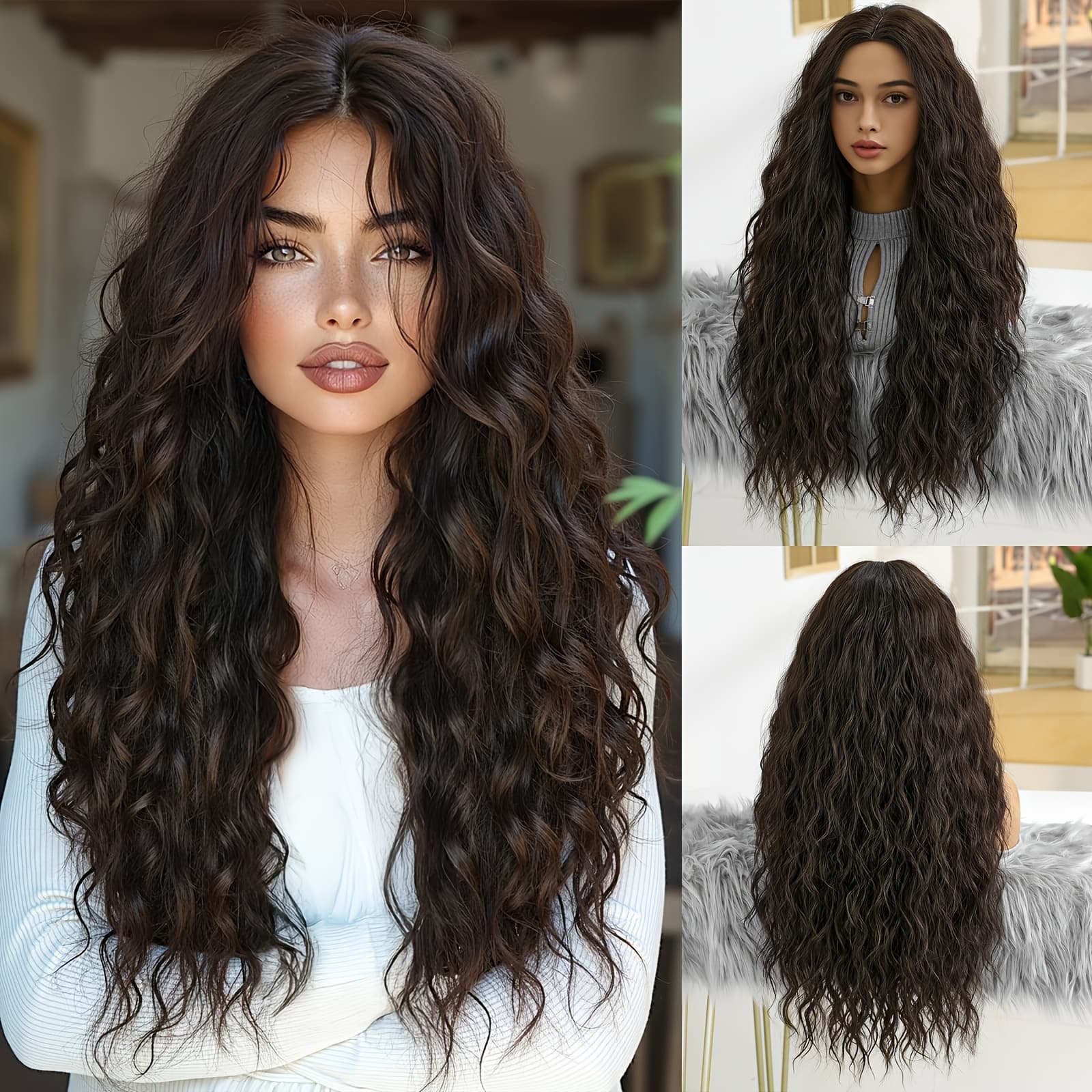 TEMU Wig Women' Brown Long Hair Long Curly Hair Daily Wear Matte High-temperature Fiber European And American Women