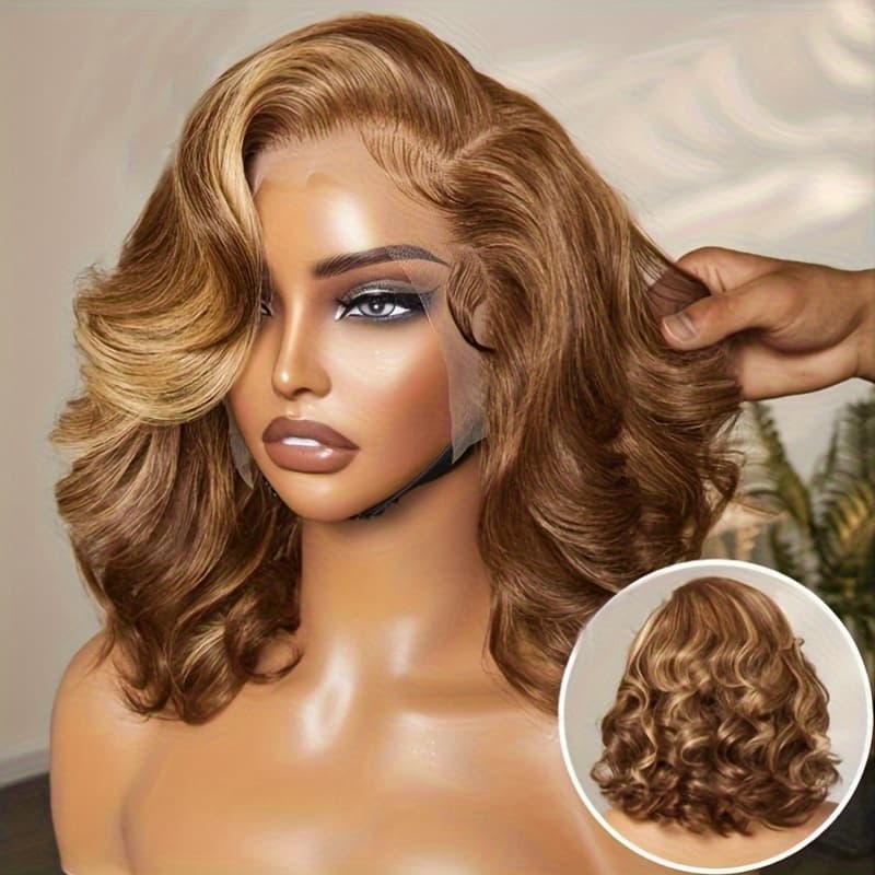 TEMU Bob Wig Human Hair 4/27 Highlight Ombre Honey Blonde Hd Lace Front Wig Human Hair 13x4 Body Wave Lace Front Wigs Human Hair Pre With Baby Hair 250% Density For Women