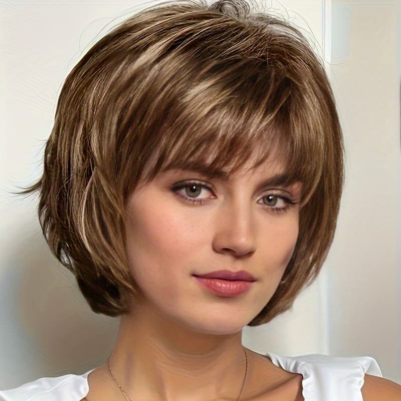 TEMU Chic Short Bob Wig For Women - Made From Heat-resistant Synthetic Fibers With Layered Brown Highlights, Offering A . Features A For A