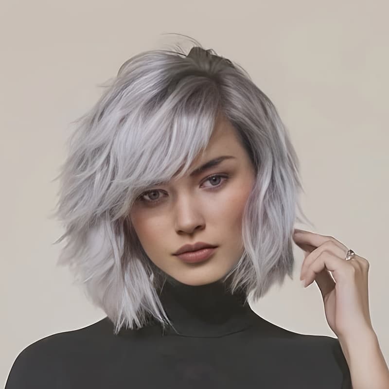 TEMU 12-inch Shoulder-length Wavy Wig For Women In Short Silvery Gray, Perfect For Parties, Everyday Wear, Halloween, And Music Festivals, Complete With Bangs