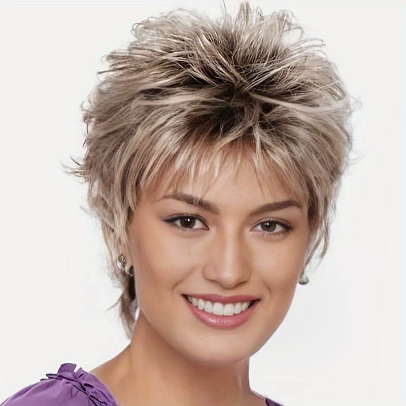 TEMU Women Short Fluffy Layered Stright Dark Blonde Mix Synthetic Hair Wigs Women For Daily Wear, Party Wigs, Halloween Wigs