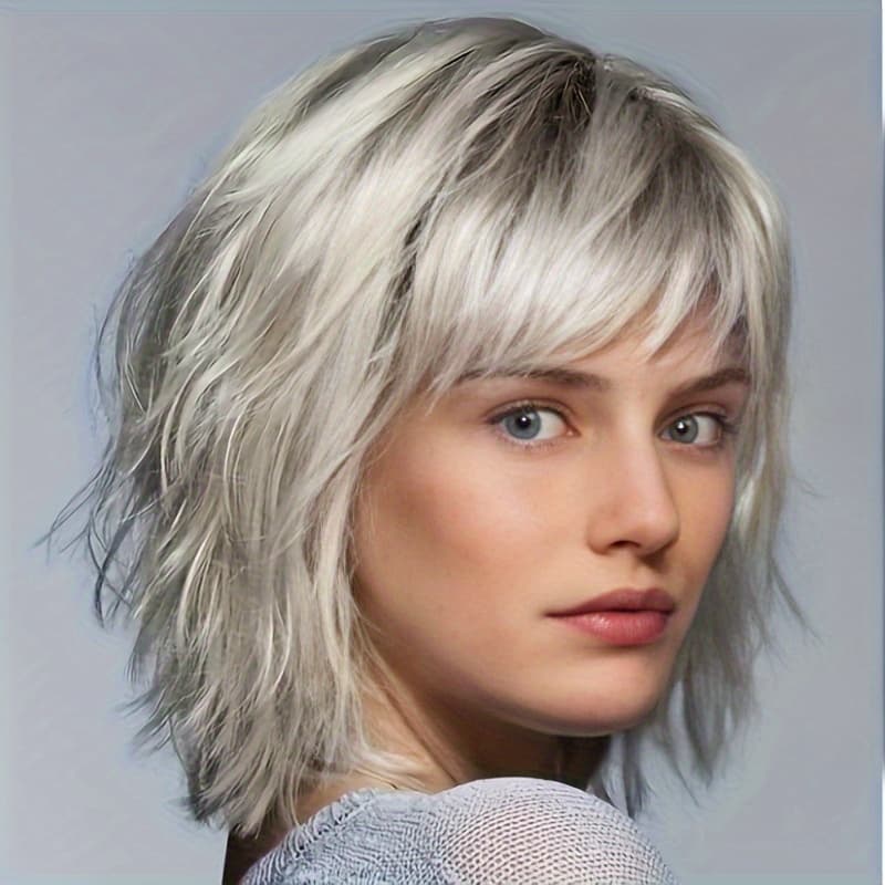 TEMU Women's Fashion Silvery Grey Shortwave Wig - , Hat, Side Curly Waves, Suitable For And Halloween Role Playing, Party Wig