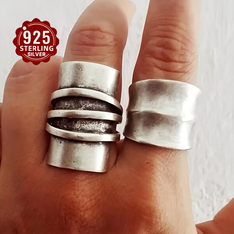 TEMU 925 Silver 2 Bohemian Silver Rings - Modern Abstract Ethnic Style Ring Set Handmade Jewelry Combination, Casual Attire
