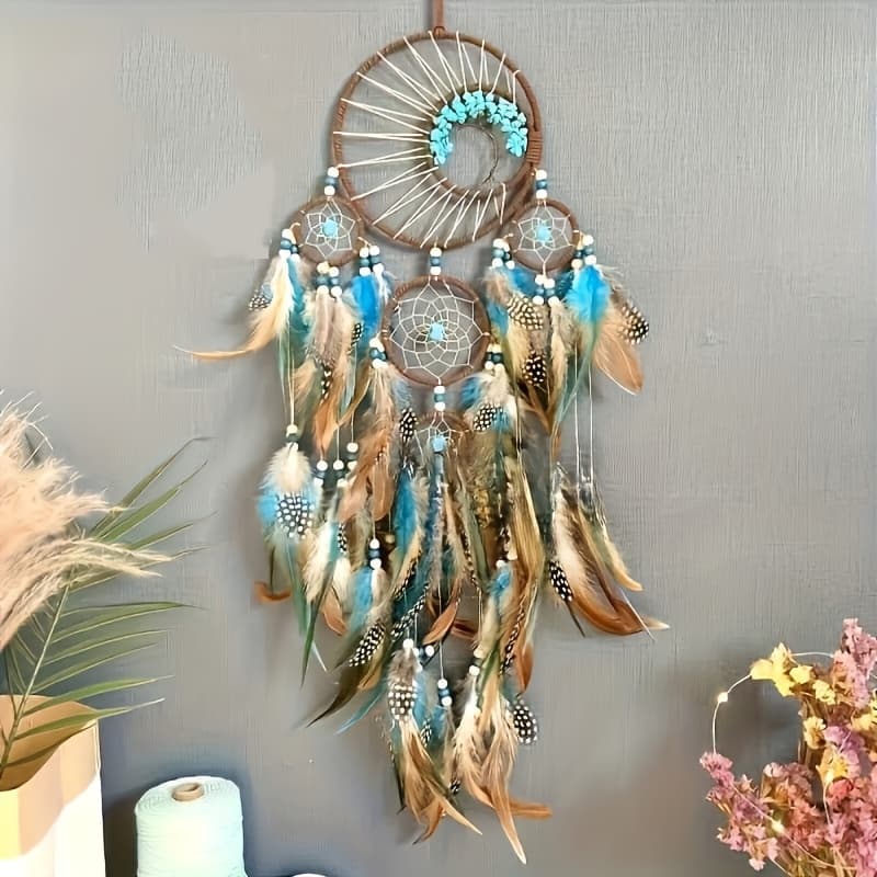 TEMU Handmade Feather Dreamcatcher With , Green, And Brown Plumes - Tree Of Life Wall Hanging In Bohemian Style