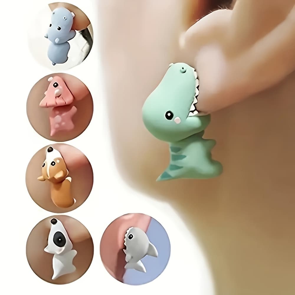 TEMU "" 14pcs Cute Animal Earrings Set - Dinosaur, Puppy & Whale Designs - Fun Clay Bite Jewelry Gift Piece Funny Gifts And Accessories