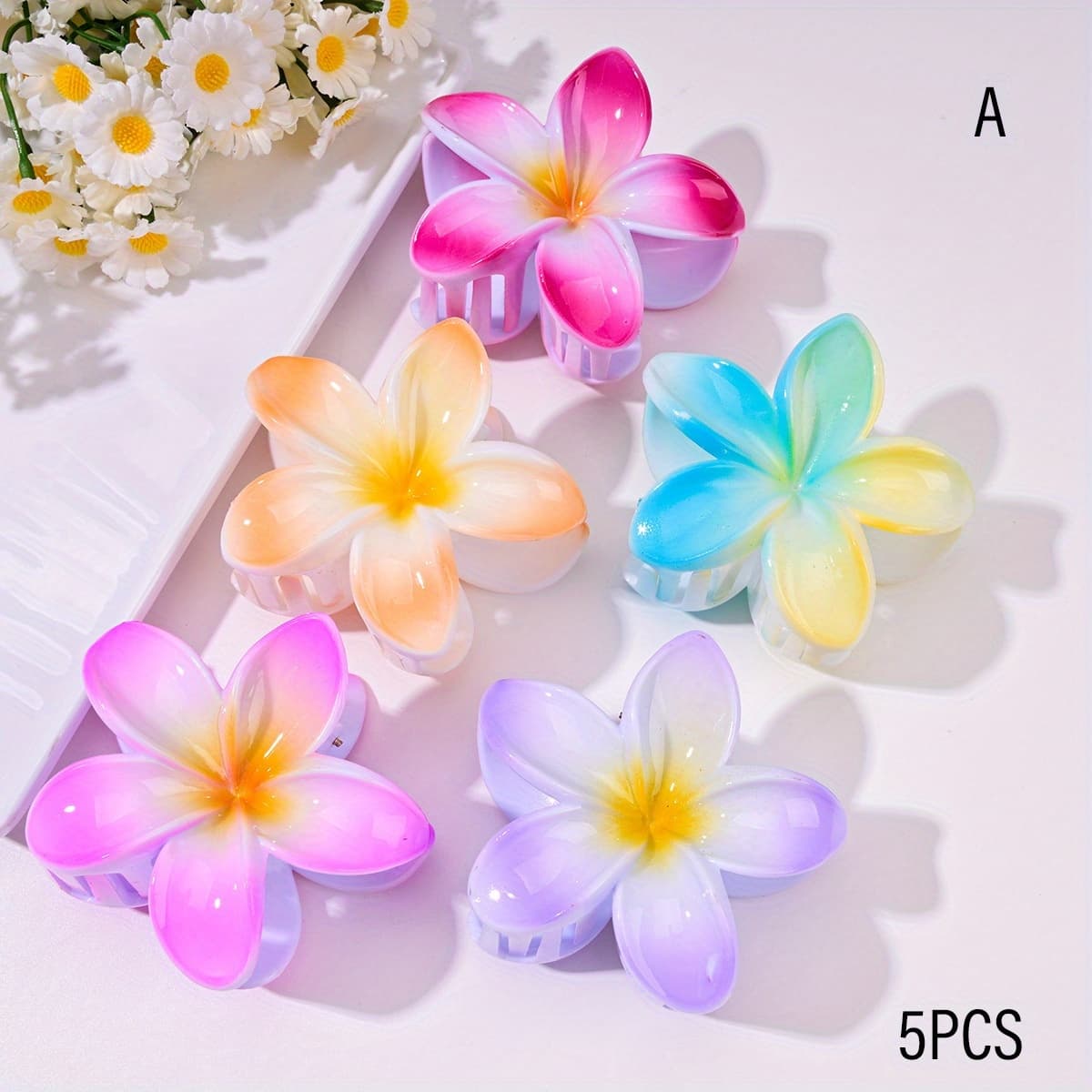 TEMU 5pcs Floral Hair Clips In , Women's Plumeria Large Hair Claw Clips For Updos, Shark Clips, Half-up Hairstyles, Vacation And Daily Accessories For Spring And Summer