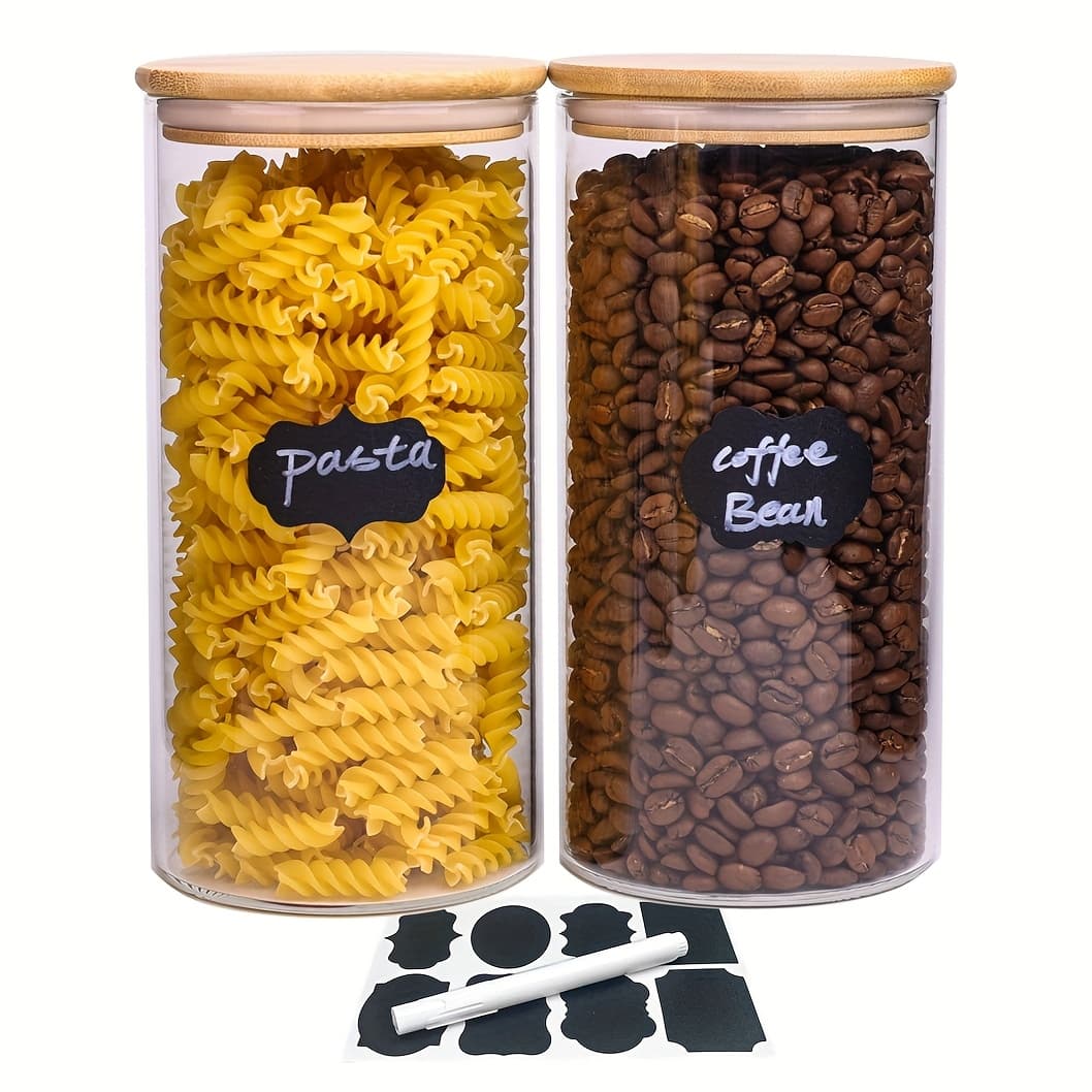 TEMU 2pcs Glass Food Storage Jars, 44oz Clear Stackable Containers With Airtight Bamboo Lid Kitchen Canisters For Candy, Cookie, Rice, Sugar, Flour, Pasta