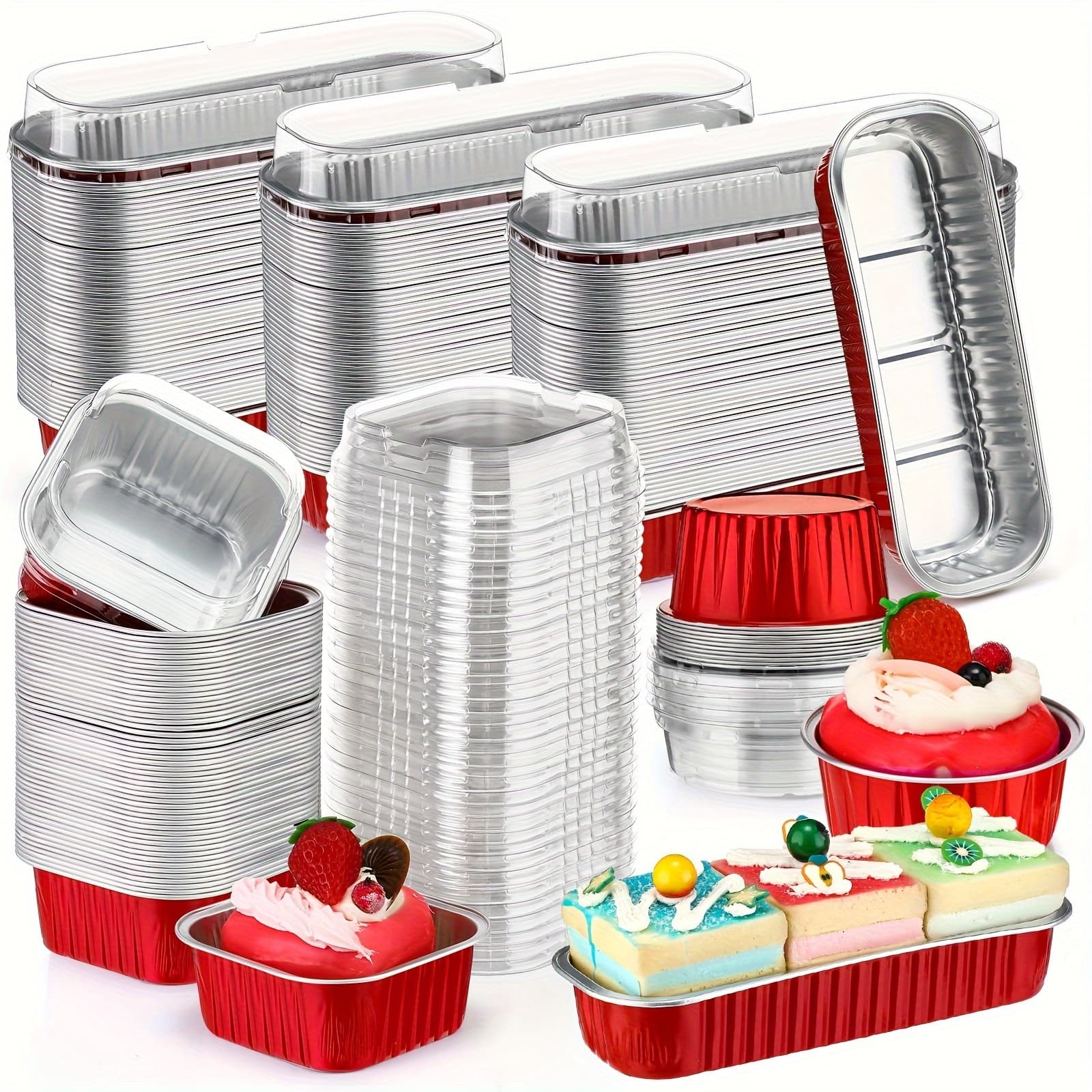 TEMU 150pcs Mini Cake Pans With Lids Disposable Ramekins 6.8oz 5oz Aluminum Foil Cupcake Baking Cups, Rectangle Cupcake Liners Cake Tins For Flan Muffin Dessert Party Favors (red)