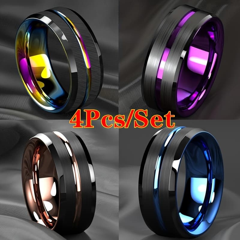 TEMU 4pcs/set 8mm Rose Golden Colorful Blue Purple Stainless Steel Men's Ring - Brushed Engagement And Wedding Ring, Low Allergy, Eternal Style Jewelry