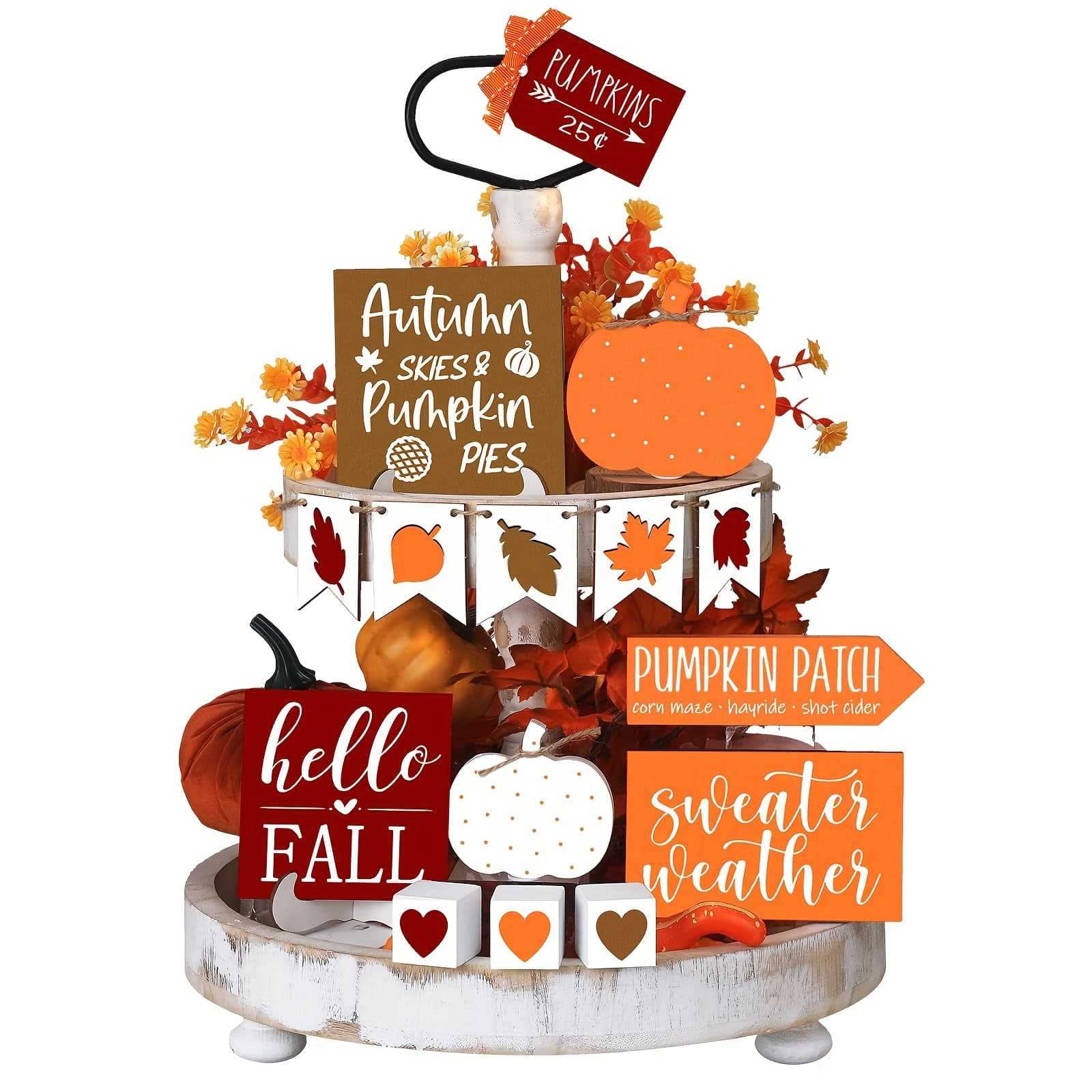 TEMU 15pcs Autumn Tray Decoration Collection - Featuring Rustic Block Signs With Pumpkin, Maple Leaf, Heart, Polka Dot, And Foliage Designs - Perfect For Thanksgiving , , Fireplaces