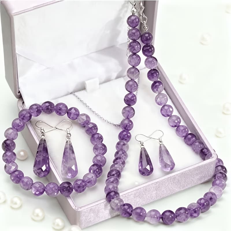 TEMU 4pcs Bohemian Amethyst Bead Set For - Necklace, Bracelet & Suitable For Daily Wear, Beach Vacation,, Weddings, Year-