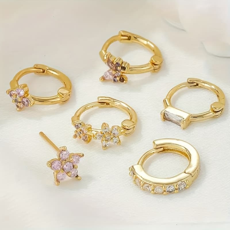 TEMU 1 Pack Of 6 Copper Metal Zirconla Personality Stud Earrings Set For Women's Holiday Date Daily Matching Earrings Jewelry Gifts Flower Decorations