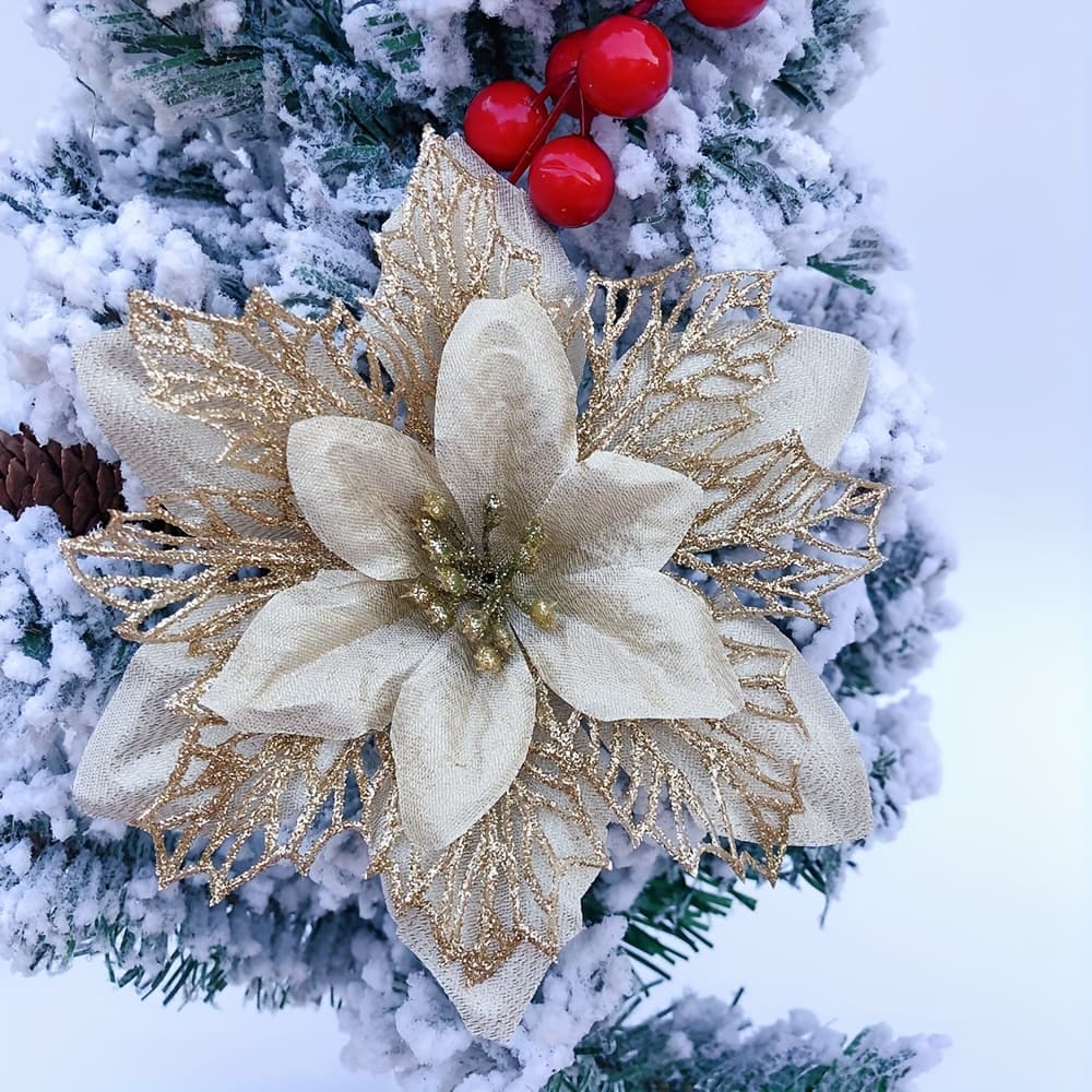 TEMU 6pcs Multicolor Artificial Three-layer Hollow Out Christmas Flowers With Golden Powder, Christmas Decorations 15cm, Holiday Additions, Christmas Tree, Wreath, Home, Holiday Party Decorations
