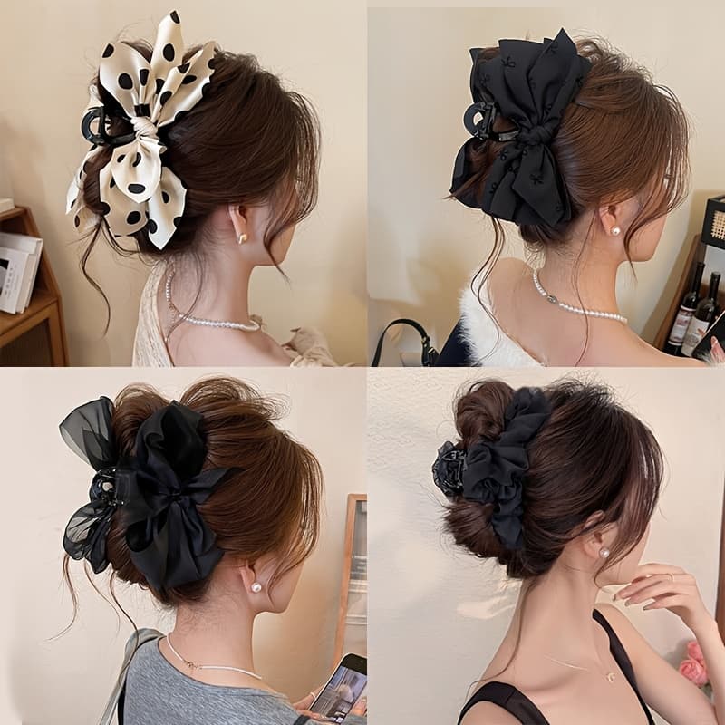 TEMU 4pcs Bow Knot Hair Claw Clips For Women, Large Non-slip Claw Clips With Bow, Elegant Satin Chiffon Hair Clips For Thick/thin Hair, Fashion Hair Additions For Daily/party/wedding