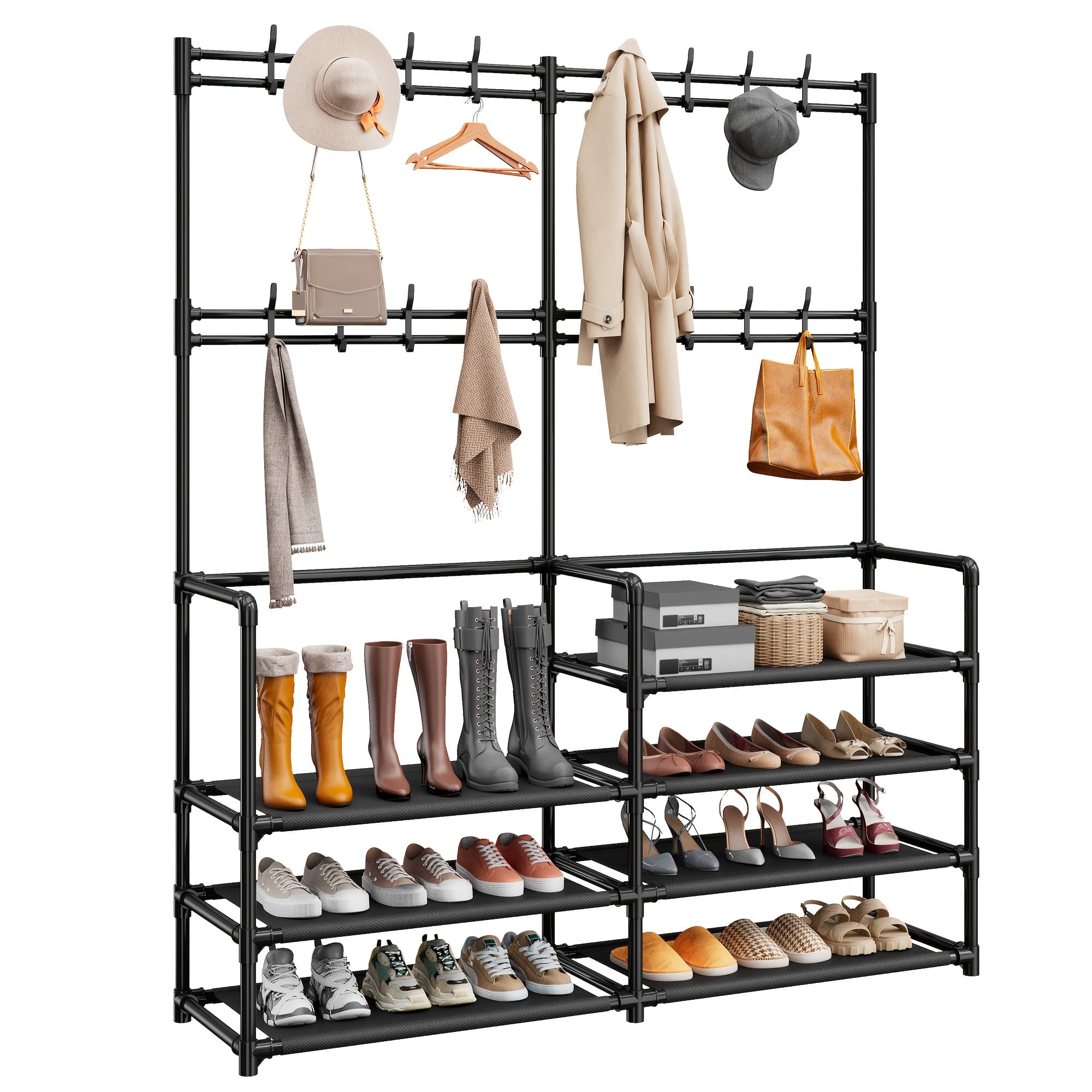 TEMU 4-tier Entryway Coat Rack, Coat And Shoe Rack, Entryway Bench Storage Organizer With 16 Hooks For Bedroom, Hallway, Office, Black