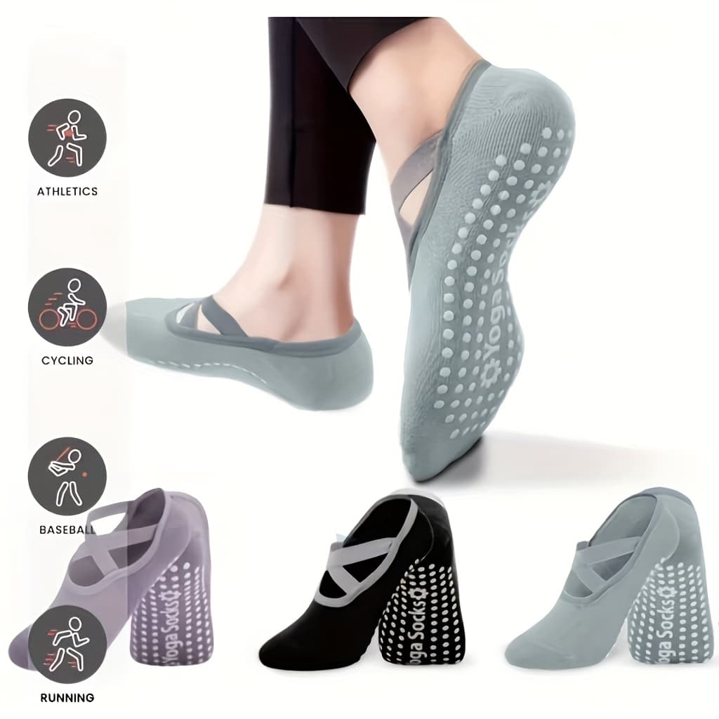 TEMU 3 Pairs Of Mixed Color Yoga Socks, Grip Socks, -strap Anti-slip Grip Socks Are Suitable For Poles, Silicone Non-slip Dancing Sports Indoor Fitness Socks