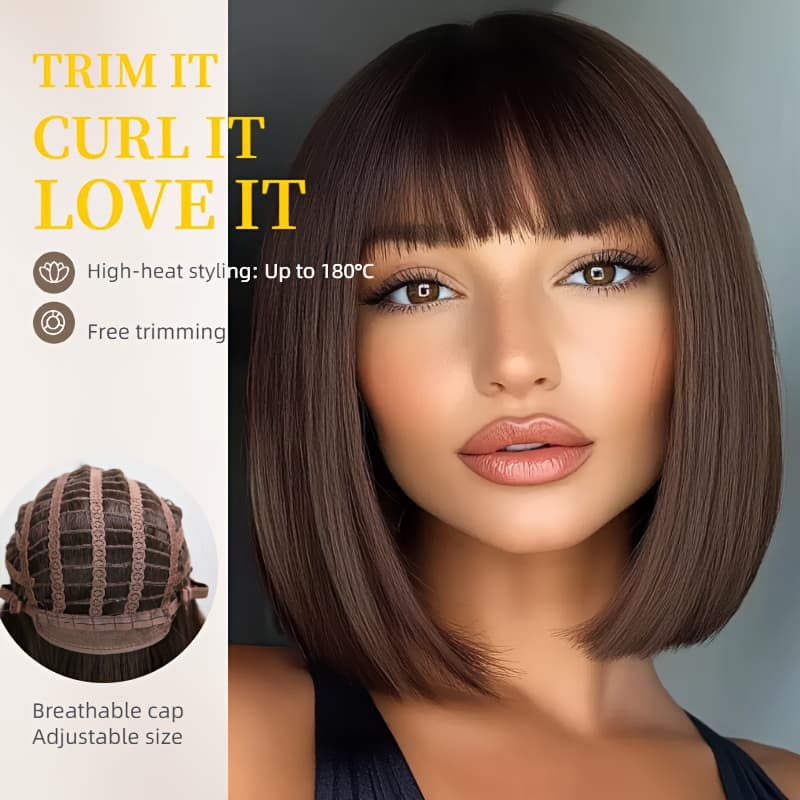 TEMU 12 Inch Natural Straight Brown Synthetic Fiber Short Wig, For Summer, Casual And Style, Perfect For Daily Wearing, Breathable, Comfortable And Easy To Care For