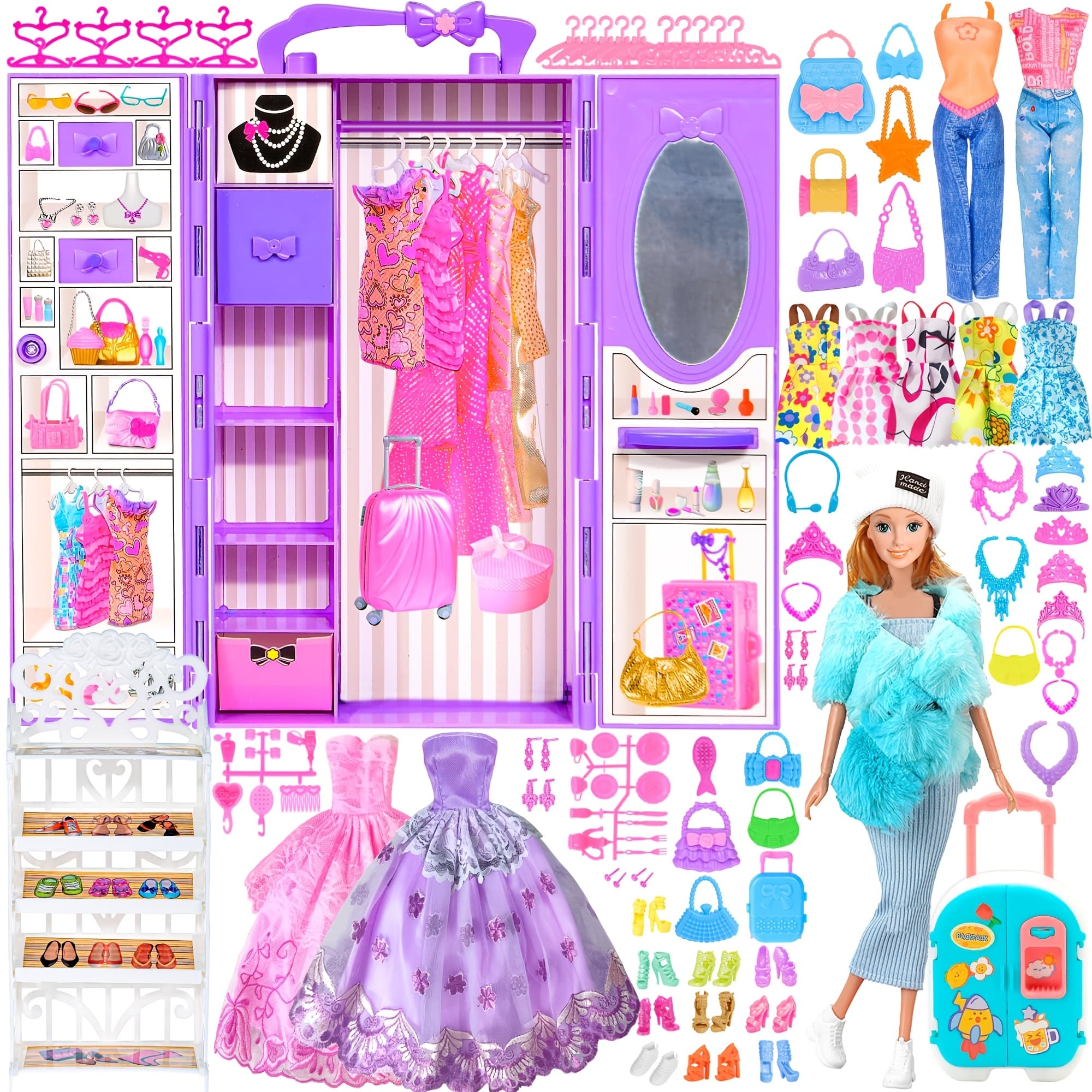 TEMU Doll Closet Playset With Doll Clothes And Accessories Including 1 Doll, Closet, Stylish Blue Set, Luggage, Shoe Rack, Wedding Gowns.christmas Gift For Kids Aged 3+