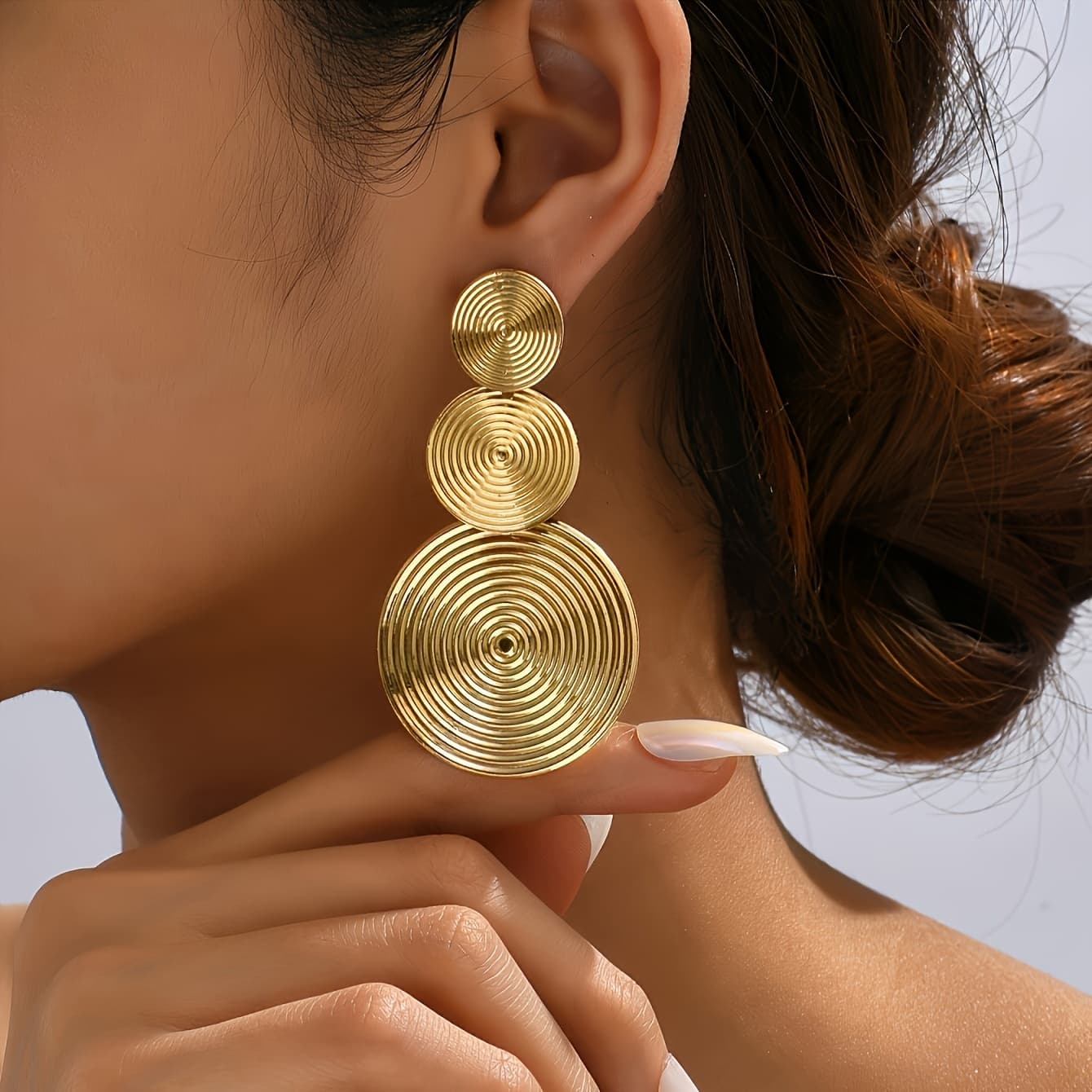 TEMU Elegant Boho Chic Golden-tone Geometric Dangle Earrings - Spiral Design For Everyday & Party Wear