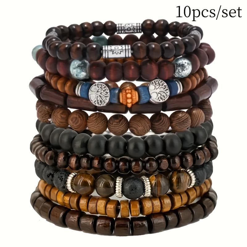 TEMU 10pcs (10pcs) Peace Tree Of Life Eye Elastic Bracelets - Beads & Wood Beads Suitable For , Stretchable Hand String For Meditation,, Casual Attire, Gift