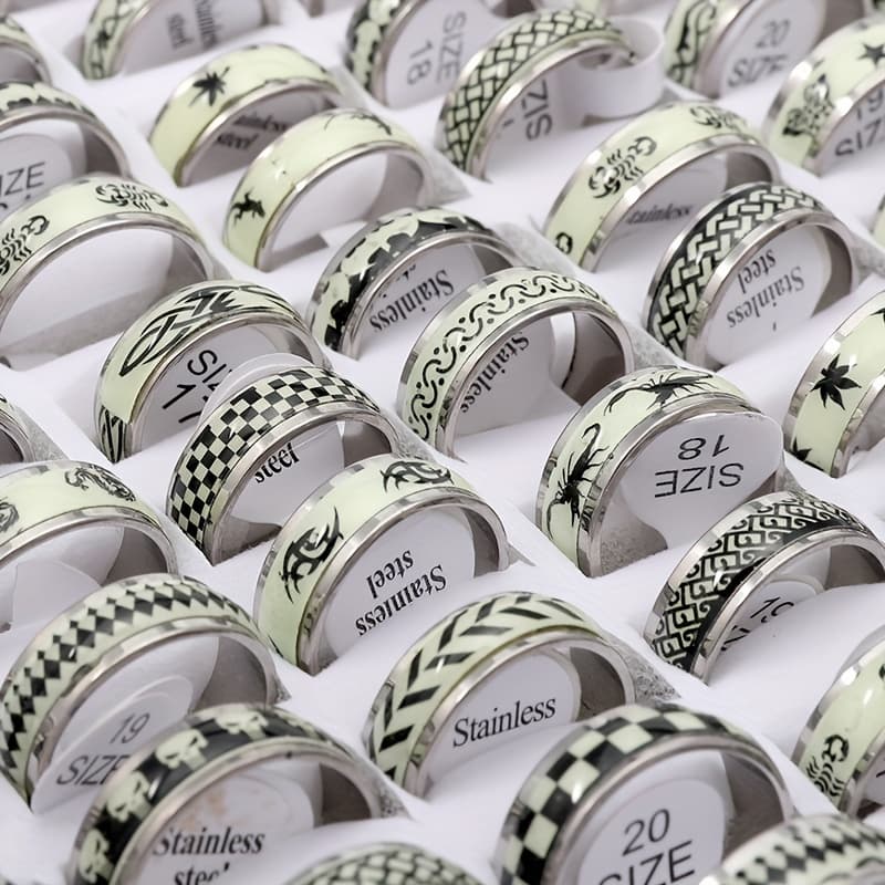 TEMU 20/50pcs Per Pack, Stainless Steel Luminous Sticker Rings, -the-dark Rings, Mixed Styles , Ring Size 17mm-21mm, Men's Rings Wholesale