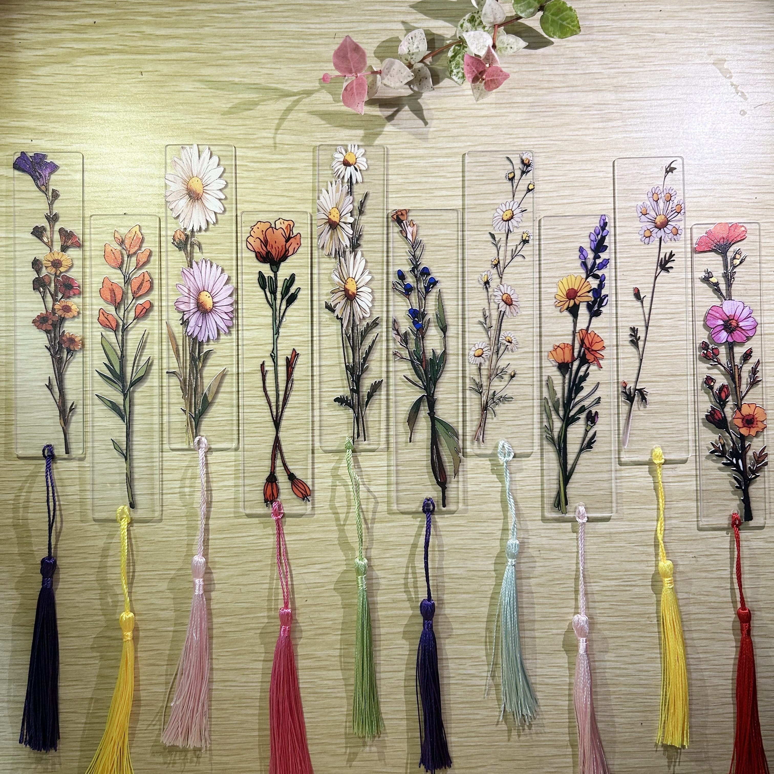 TEMU 10pcs Flower-shaped Acrylic Bookmarks With Tassels, Transparent Flower Bookmarks, Assorted Colors, Study Supplies, Office Stationery, Gift For Readers And Students
