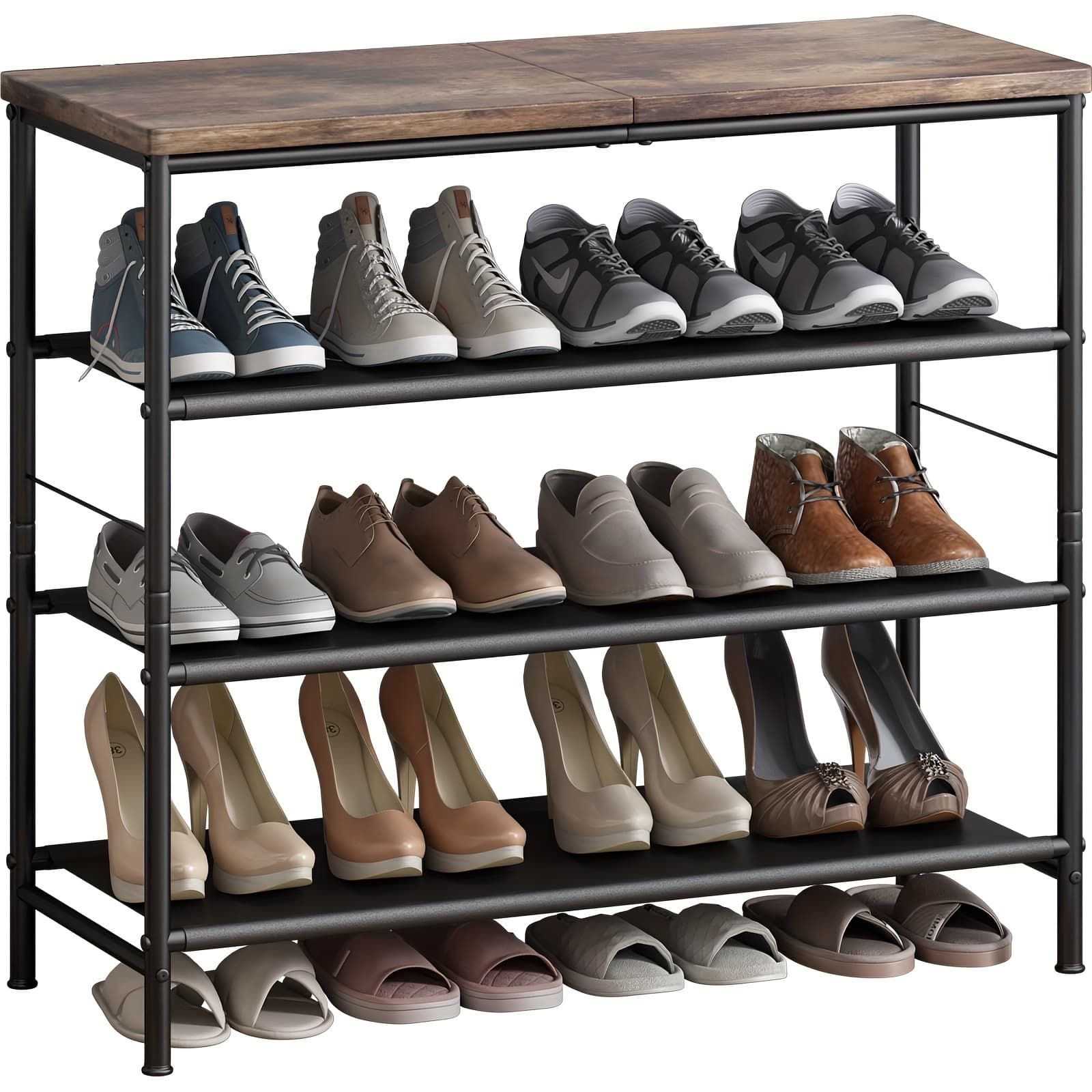 TEMU Suoernuo Shoe Rack Organizer 4 Tier Metal Organizer Shelf With Industrial Mdf Board And Layer Fabric For Entryway Closet Bedroom Living Room Garage, Black & Rustic Brown, Utility Racks