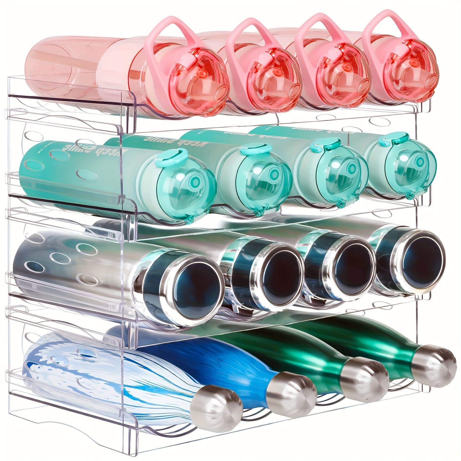 TEMU Four-tier Water Bottle Organizer That Stacked, Featuring Spacious Compartments For Kitchen Use, Designed To In Cabinets, And Of To 16 Bottles For Organization And Storage